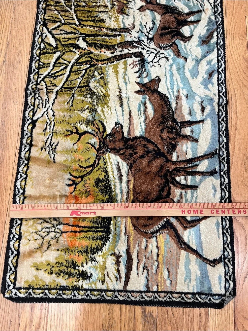 Vtg Deer Snow Woods Scene Tapestry Wall Hanging Table Runner 38.5x19.75 Cabin